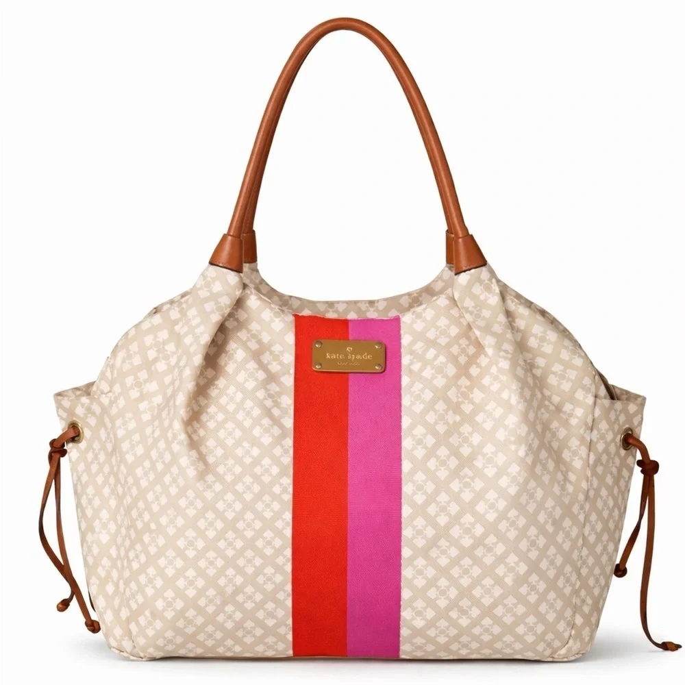 Kate Spade Canvas Tote Bag Beige Pink Stripe Large Travel Shoulder Chic